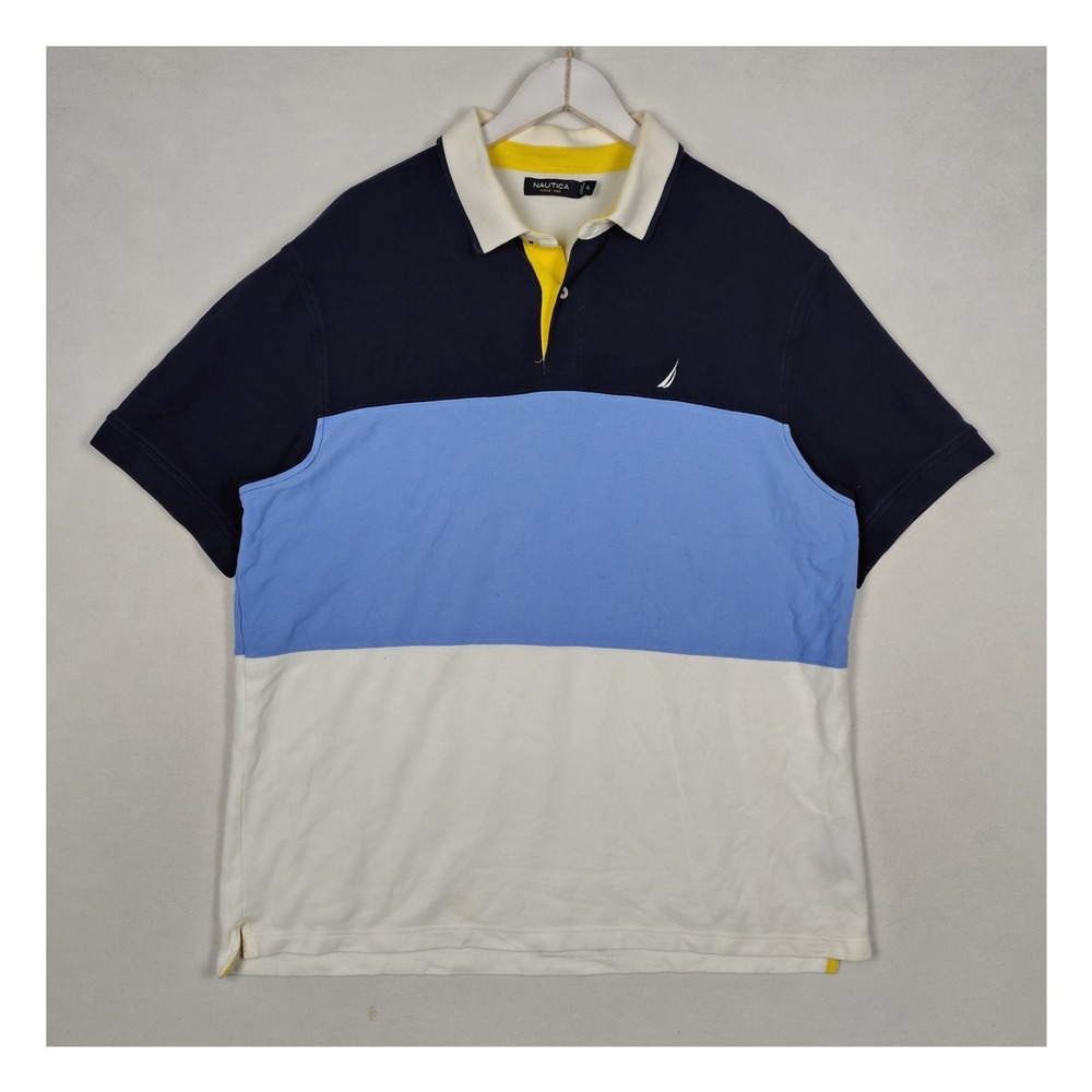 Nautica Mens XL Colorblock Polo Shirt Navy Blue White Cotton Pique Short Sleeve
